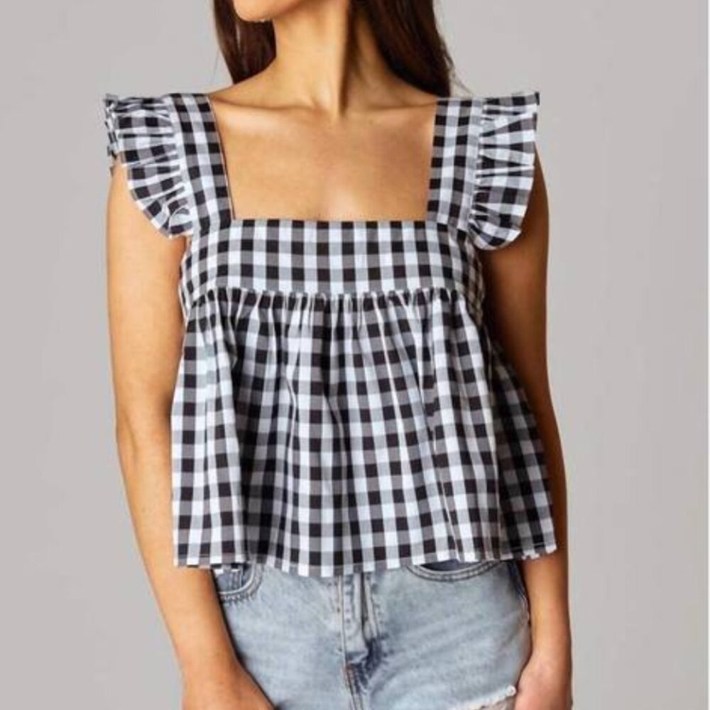Ruffle Shoulder Gingham Tank Top